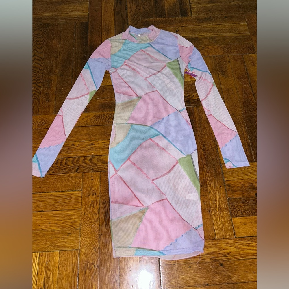Black Bead Colorful Geometric Long Sleeve Dress